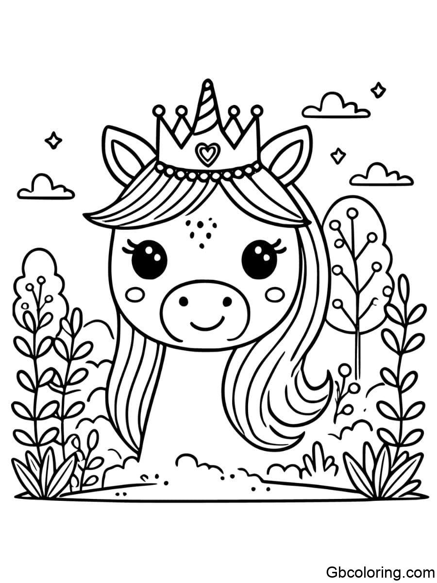 unicorn face crown wearing coloring pages