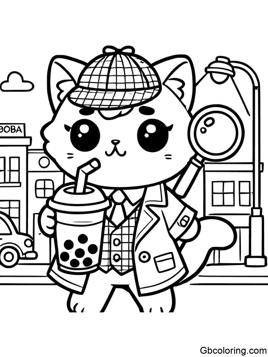 detective boba cat with boba tea coloring pages