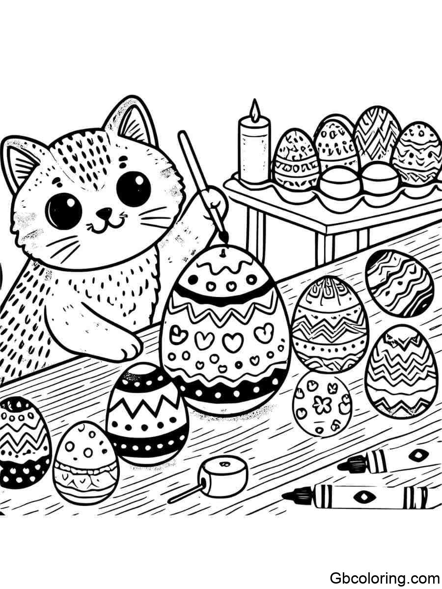 easter cat decorating egg coloring pages