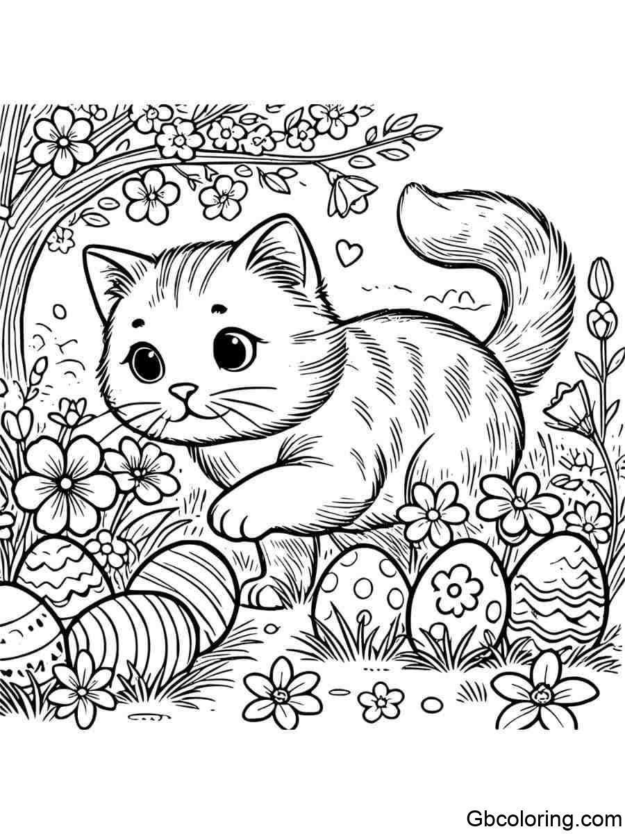 easter cat finding eggs in garden coloring pages