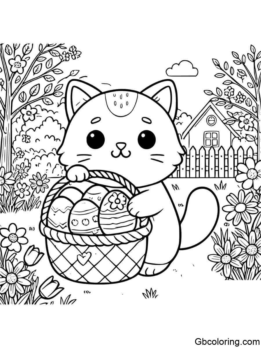 easter cat holding basket of eggs coloring pages
