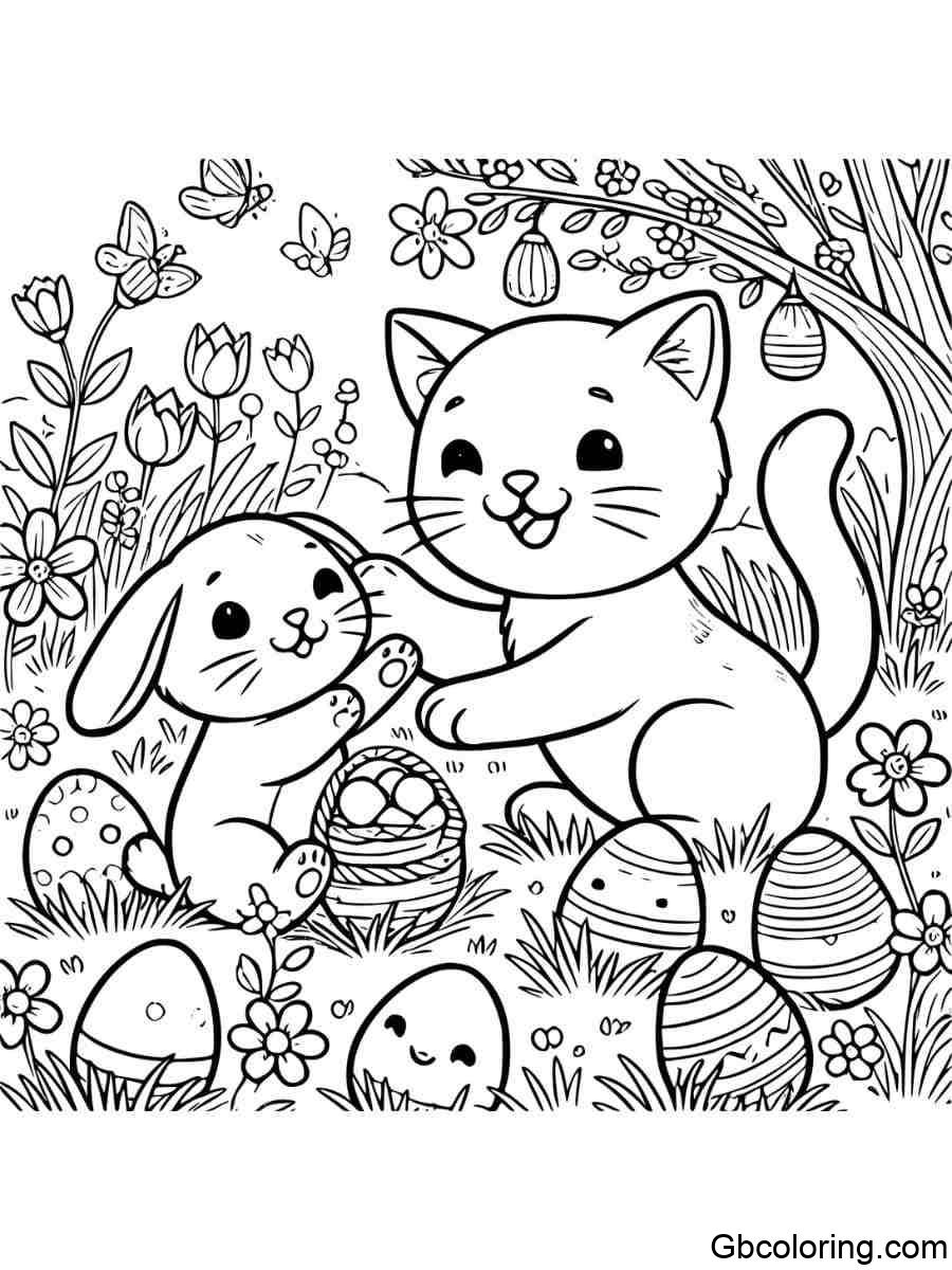 easter cat playing with bunny coloring pages