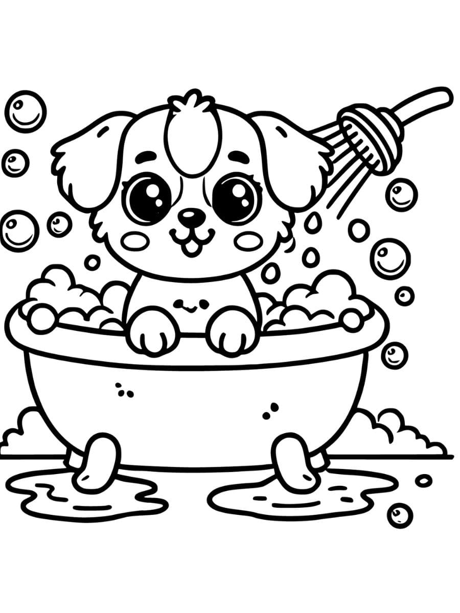 Puppy coloring pages taking a bath