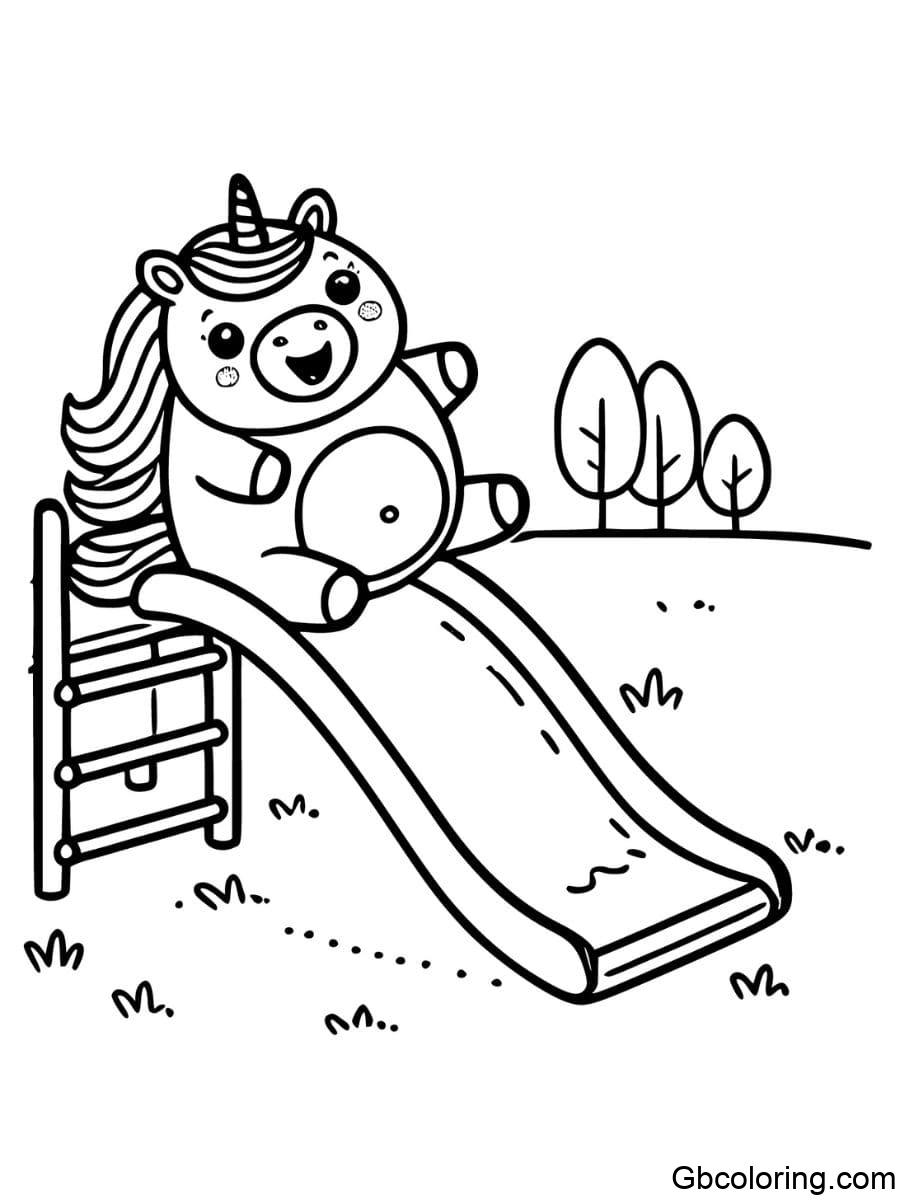 fat unicorn playing on slide coloring pages