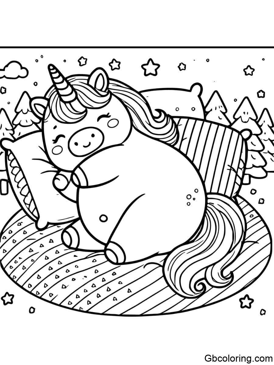 fat unicorn sleeping peacefully coloring pages