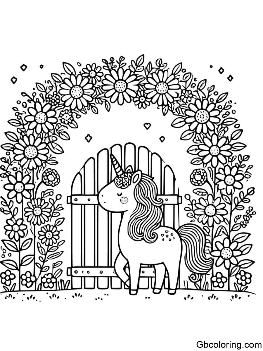 flower unicorn in front of flower gate coloring pages