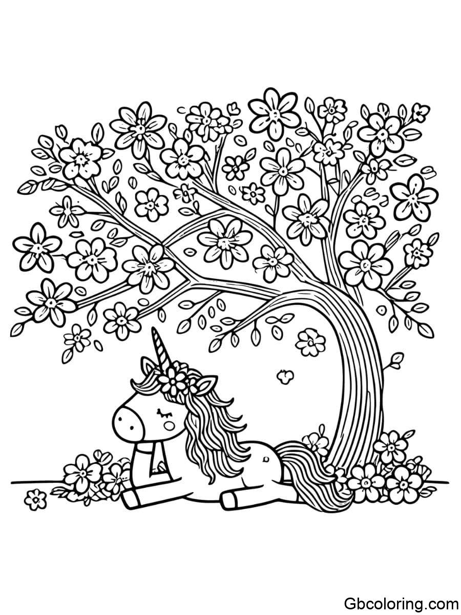 flower unicorn lying on flower tree coloring pages