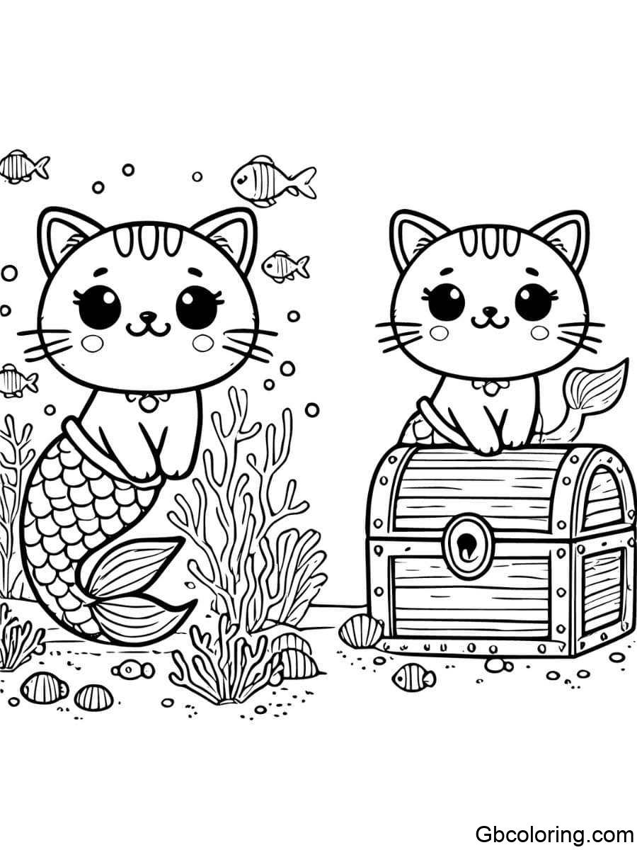 mermaid cat next to a treasure chest with coral reefs coloring pages