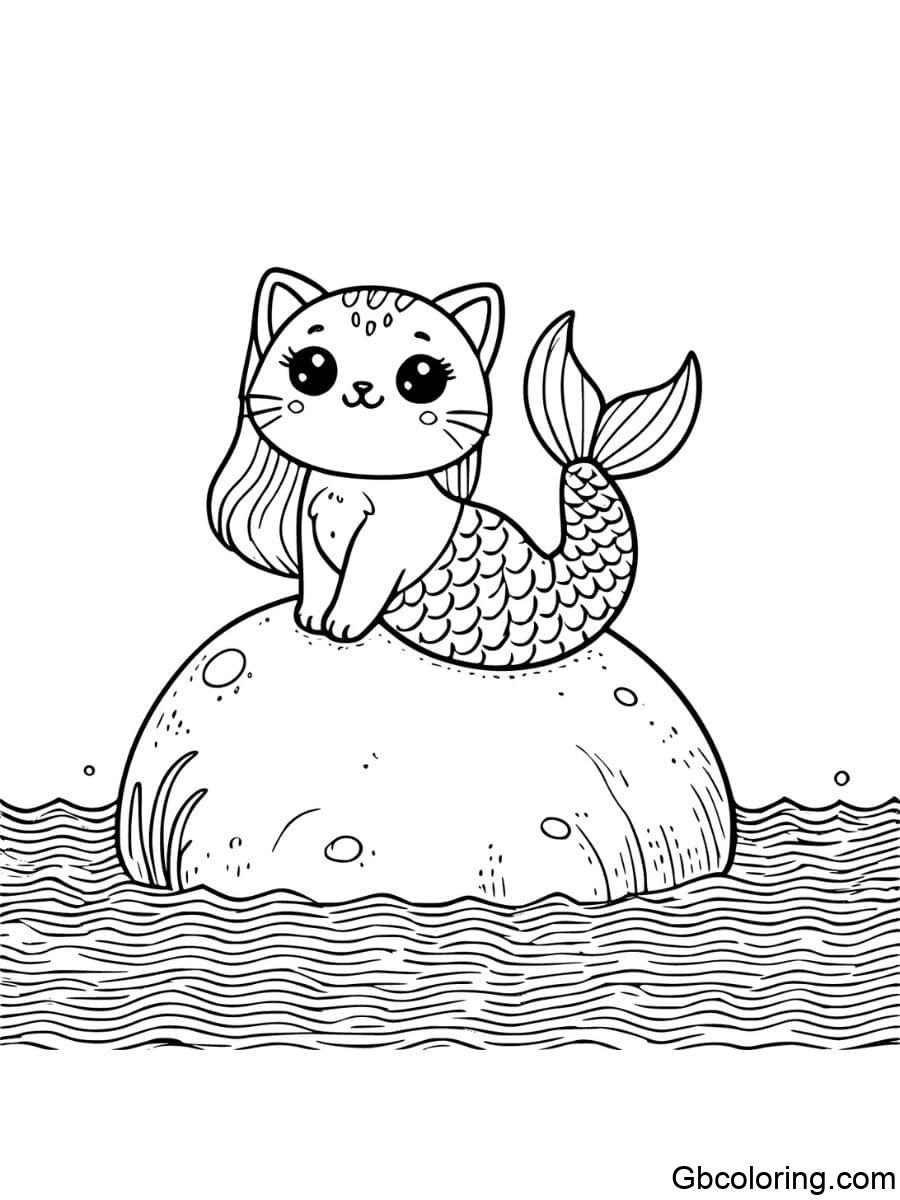 mermaid cat sitting on a large rock with gentle waves coloring pages