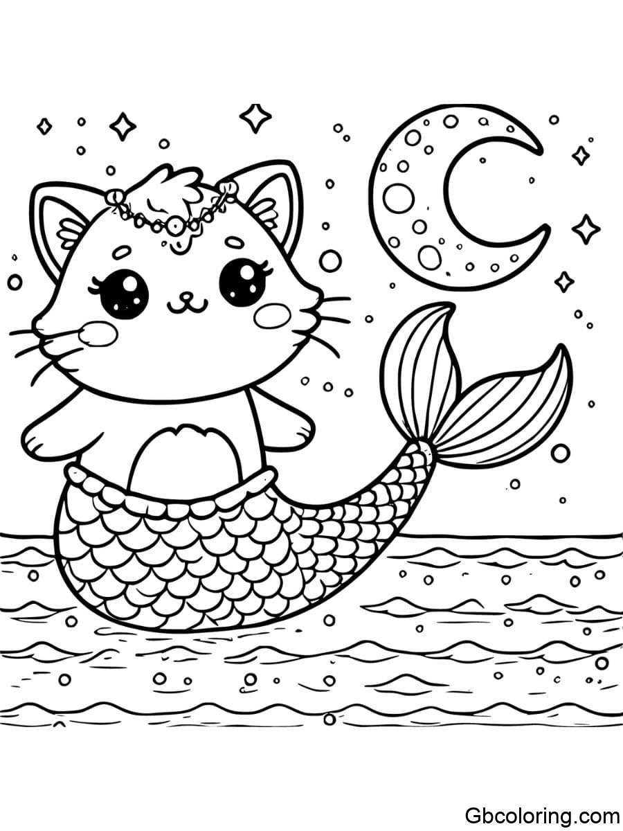 mermaid cat swimming under the moonlight coloring pages