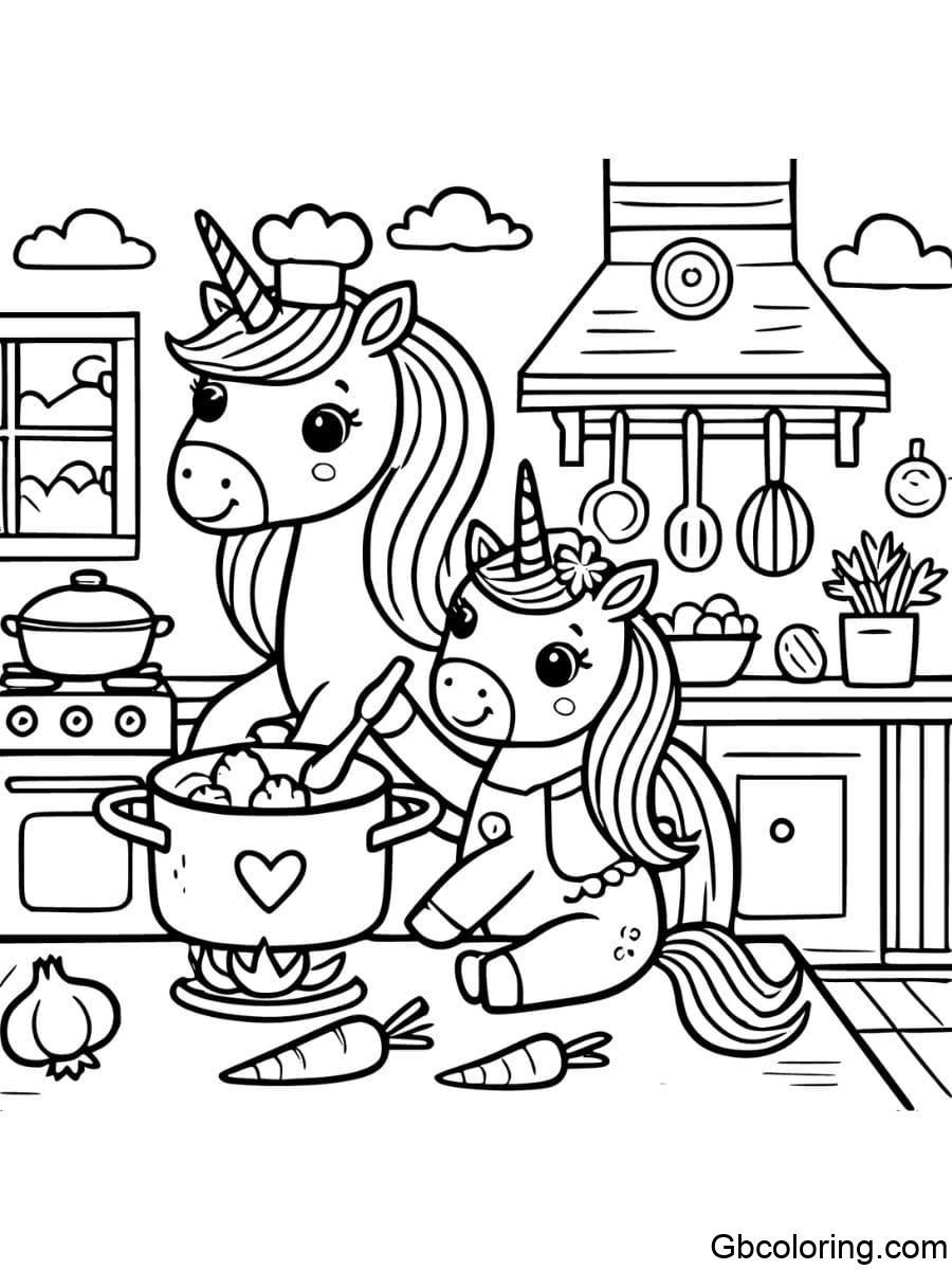 cooking mom and baby unicorn coloring pages