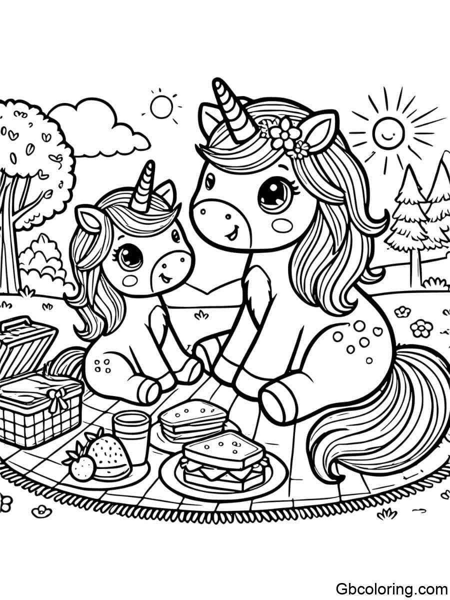 picnic mom and baby unicorn coloring pages