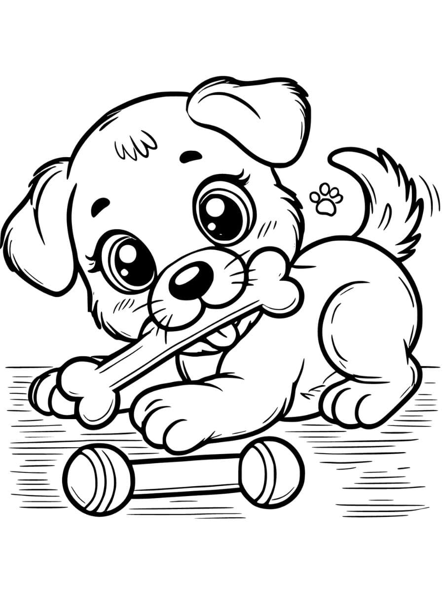 Puppy coloring pages chewing on a toy