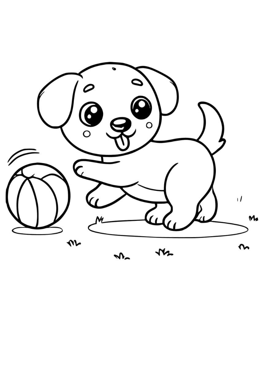 Puppy coloring pages playing with a ball