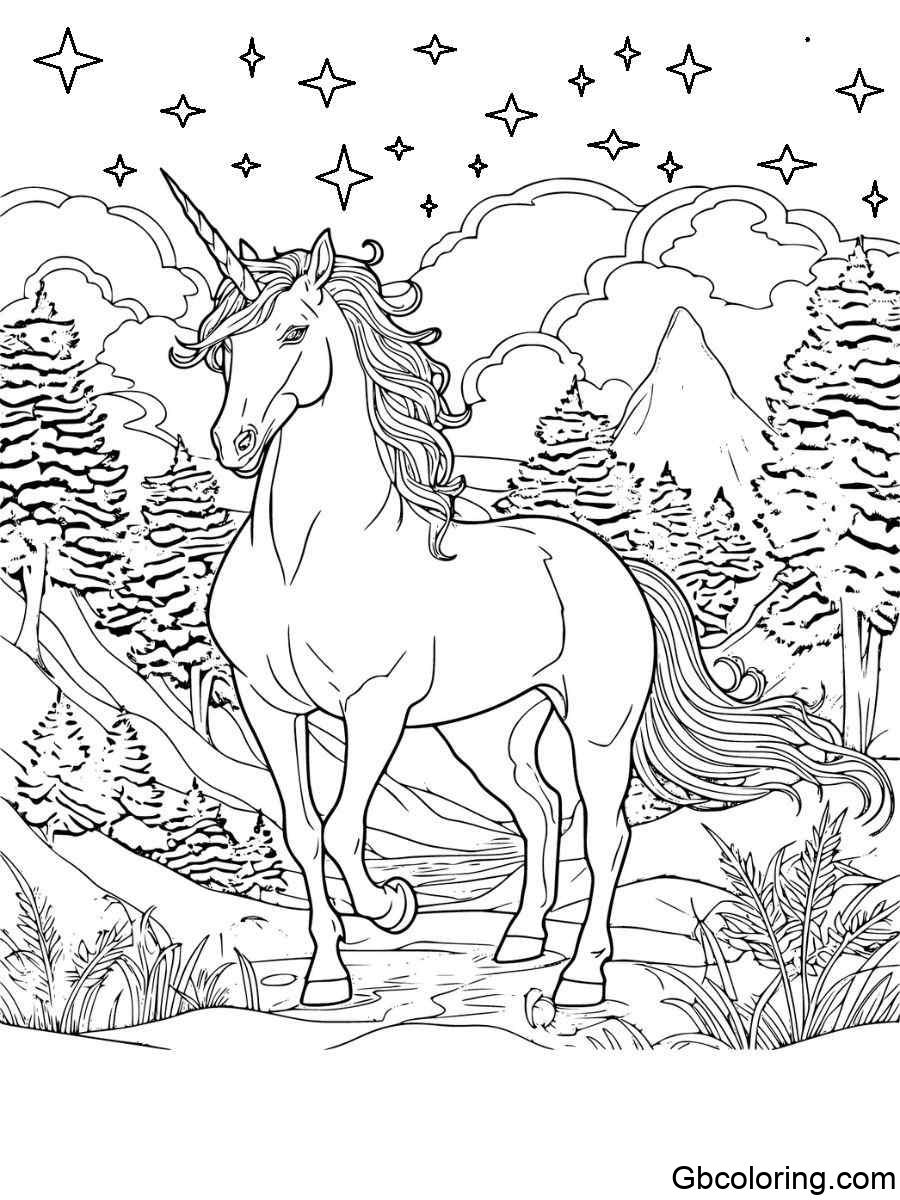 realistic unicorn standing on a forest path with starry mountains coloring pages