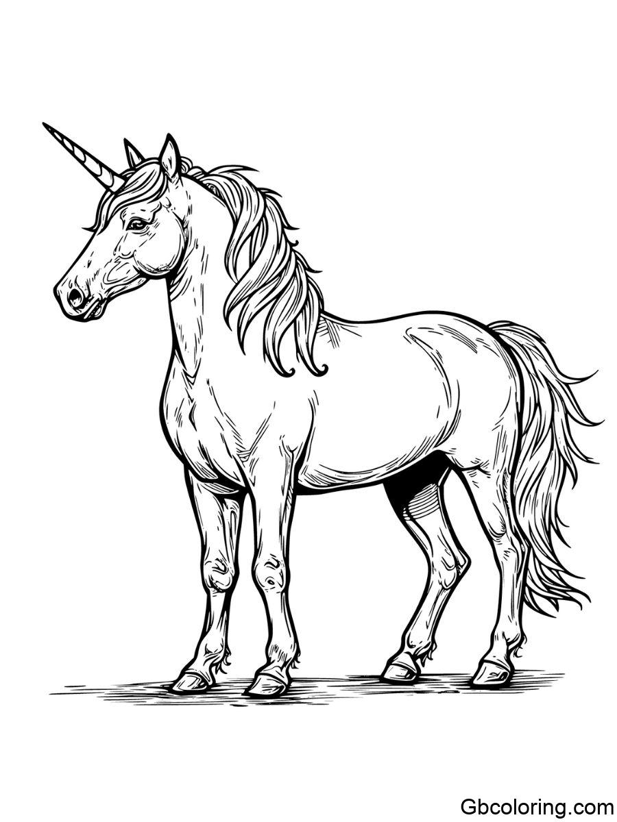 realistic unicorn standing tall with a long mane and horn coloring pages
