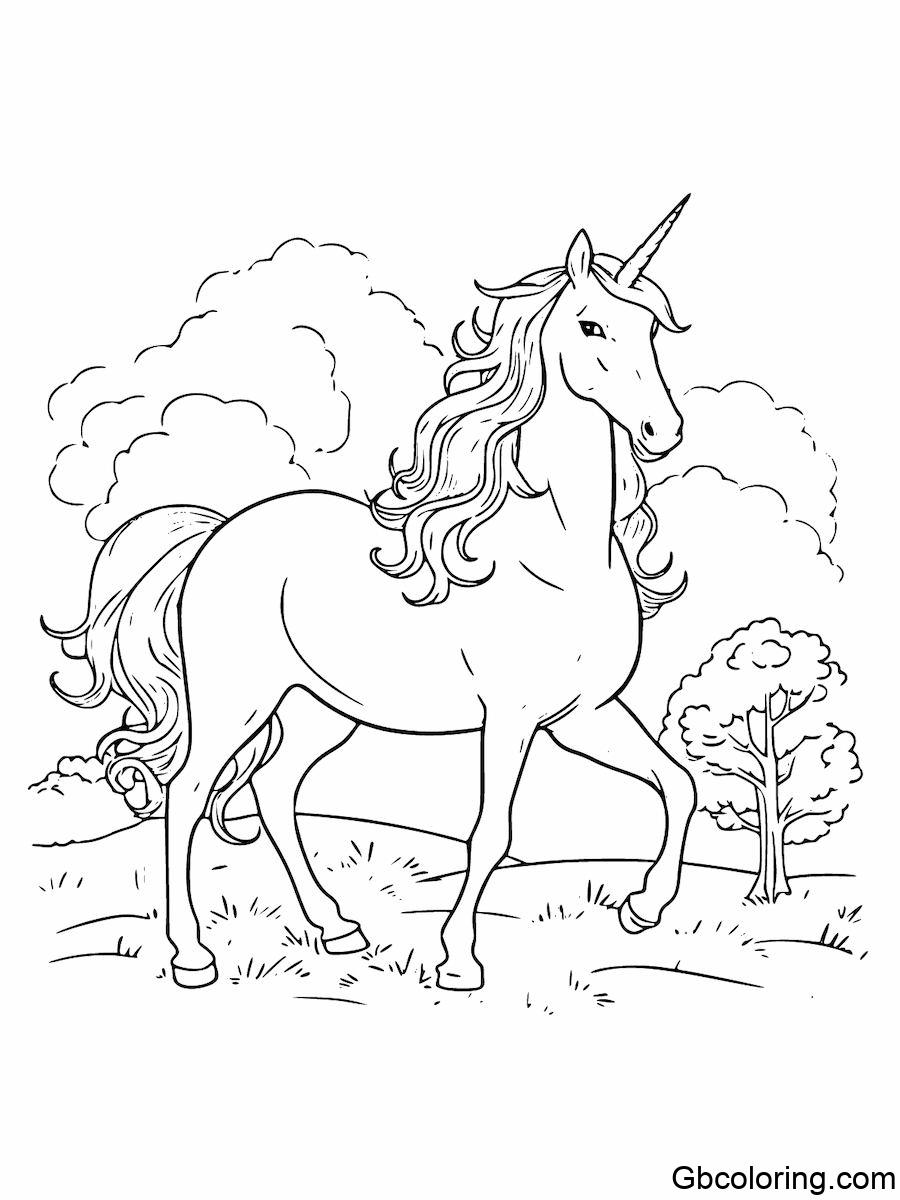 realistic unicorn walking among the grass and clouds coloring pages