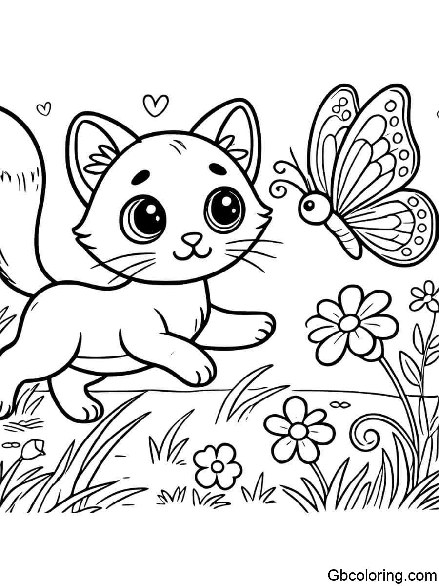 siamese cat chasing a butterfly in a meadow coloring pages