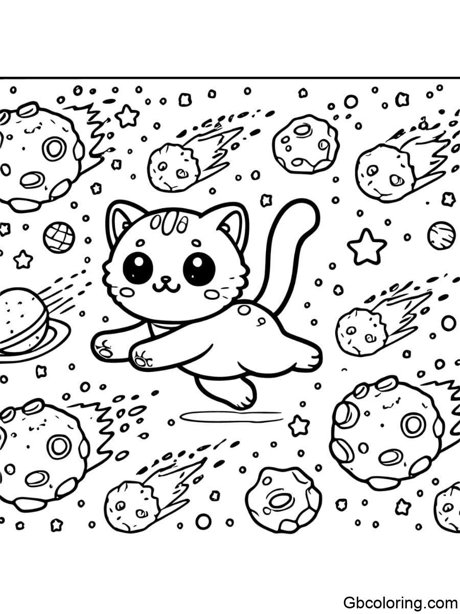 space cat escaping from asteroids coloring pages