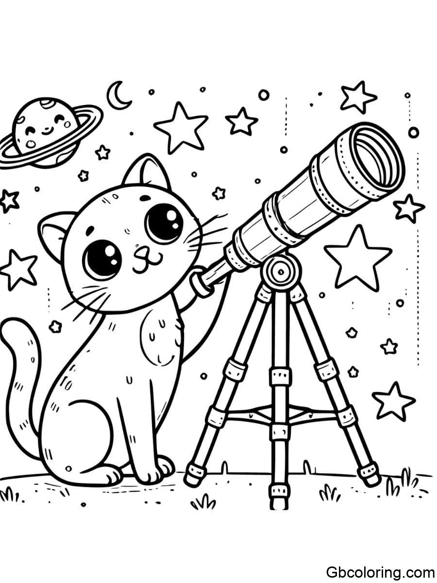 space cat looking at stars coloring pages