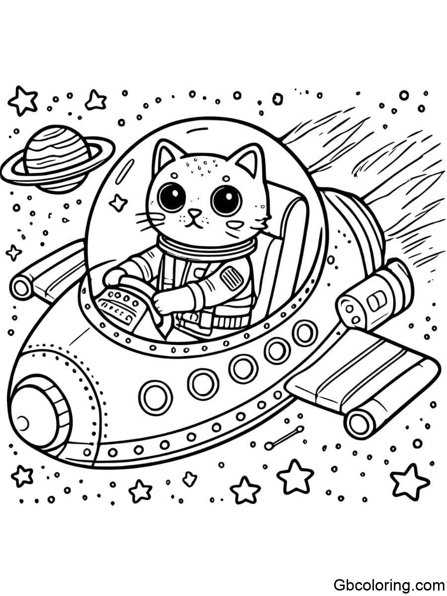 space cat piloting a spaceship coloring pages
