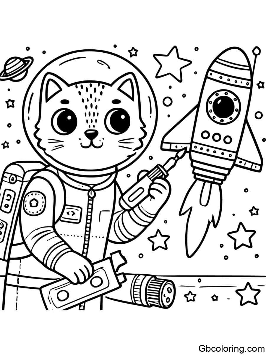 space cat repairing a spaceship coloring pages