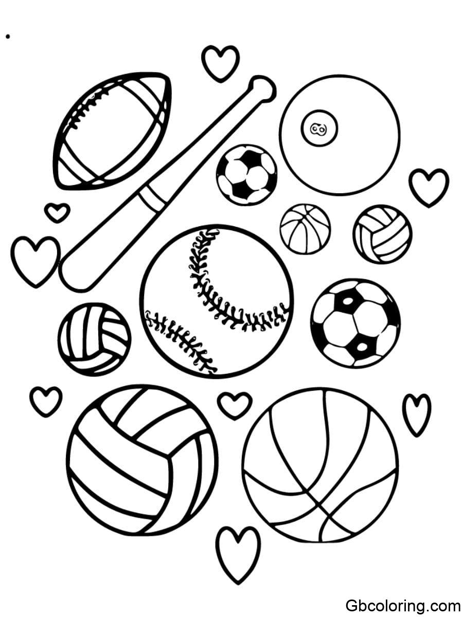 sport coloring pages football baseball bat soccer balls volleyballs and hearts