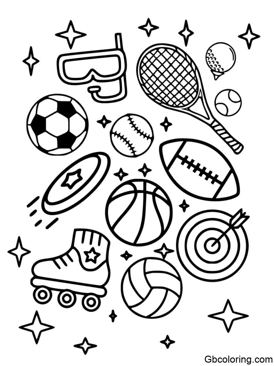 sport coloring pages diving mask tennis racket football soccer ball baseball basketball frisbee and archery target