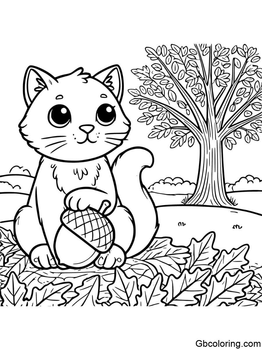 thanksgiving cat on leaves with acorn coloring pages