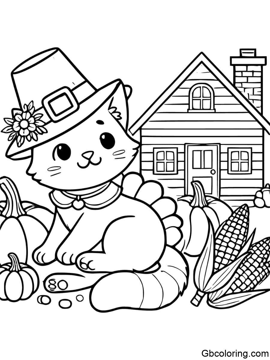 thanksgiving cat playing with pilgrim hat coloring pages