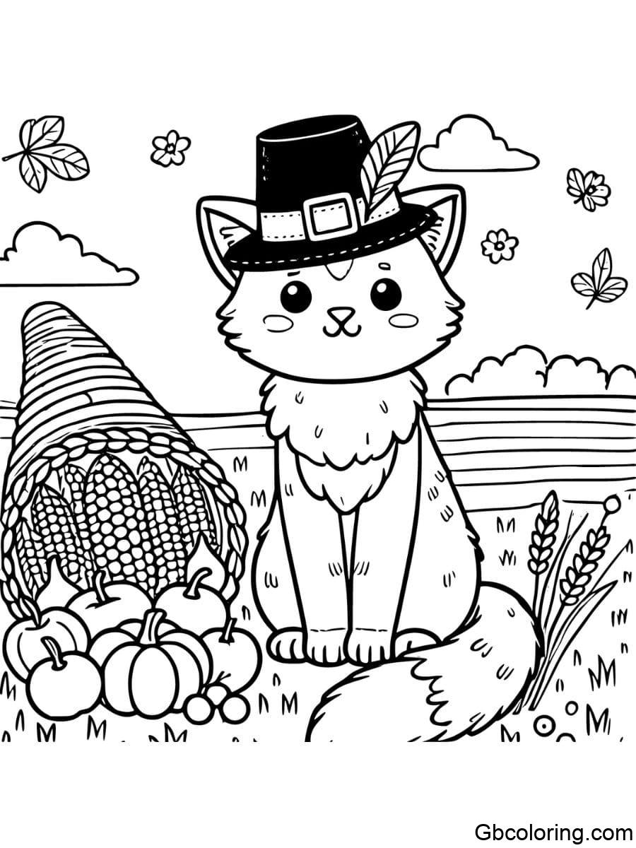 thanksgiving cat with cornucopia coloring pages