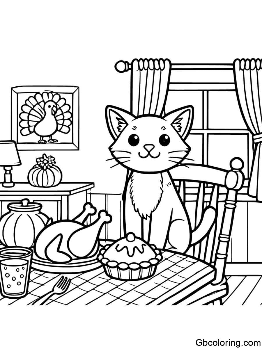 thanksgiving cat with feast coloring pages