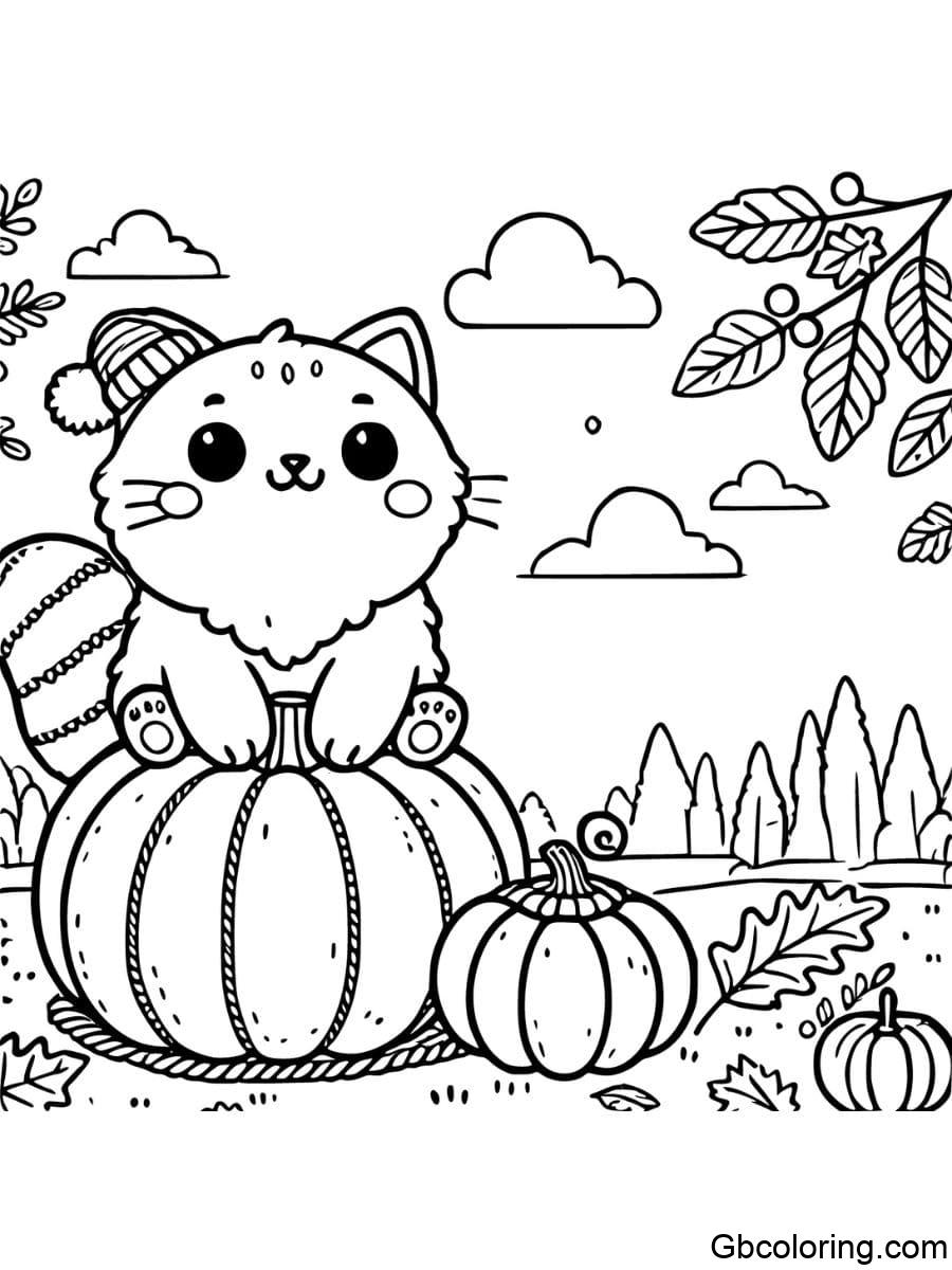 thanksgiving cat with pumpkin coloring pages