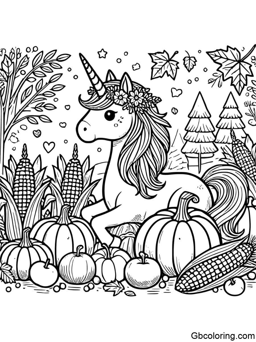 thanksgiving unicorn with fall harvest coloring pages