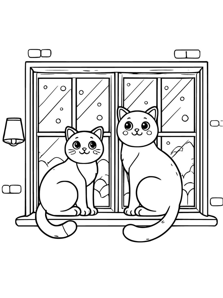 two cats on windowsill coloring pages