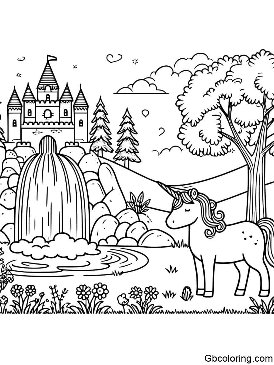 unicorn and castle by a waterfall coloring page