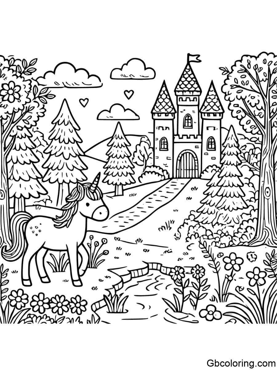 unicorn and castle in a forest coloring page