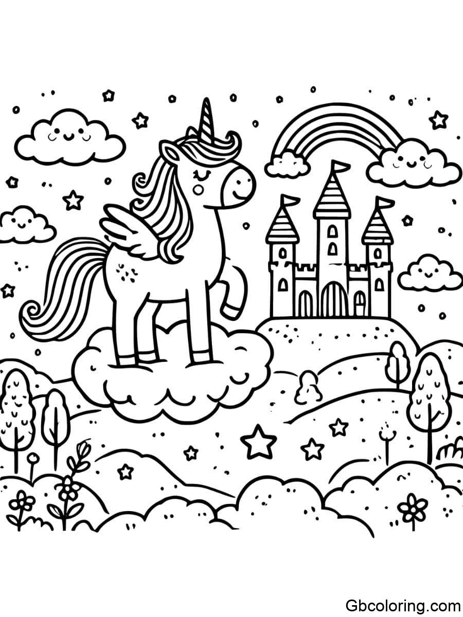 unicorn and castle in the clouds coloring page