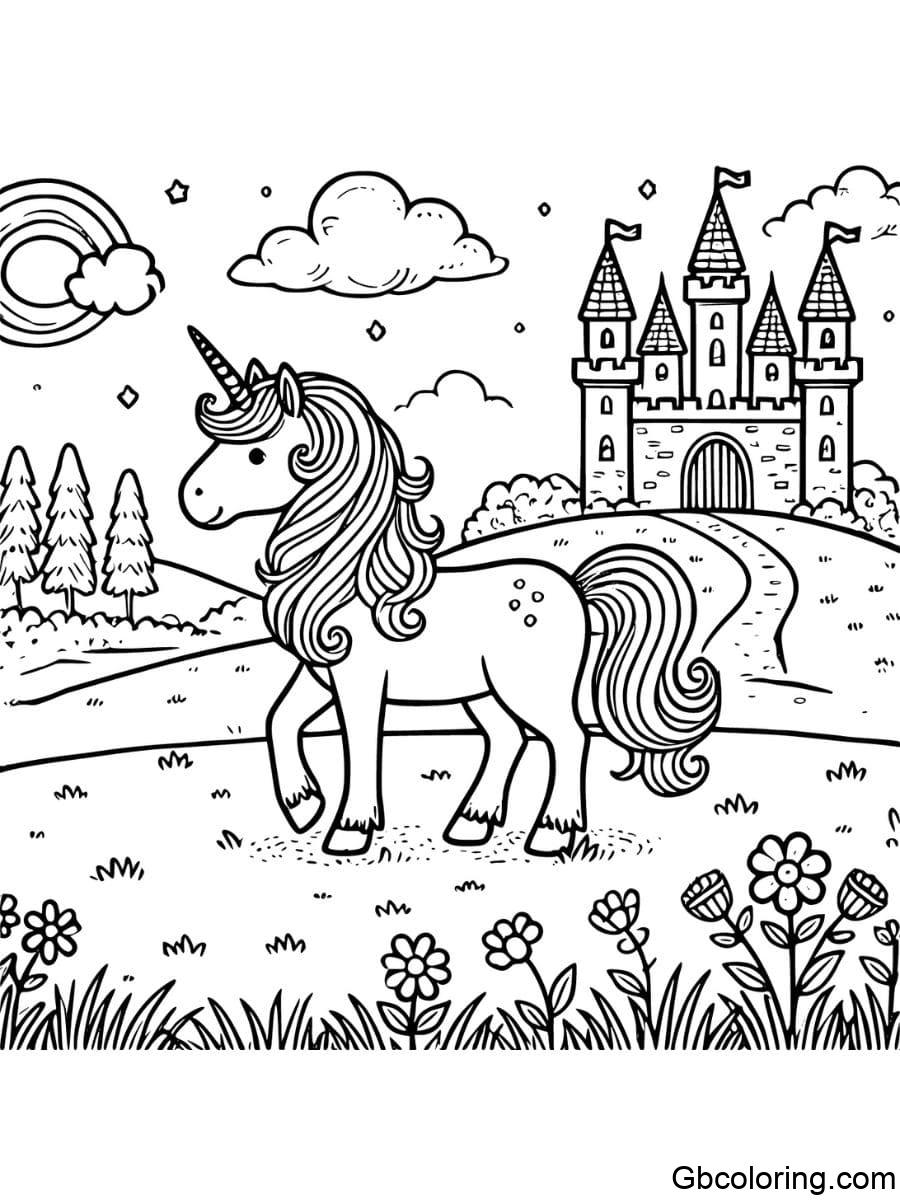 unicorn and castle on a meadow coloring page