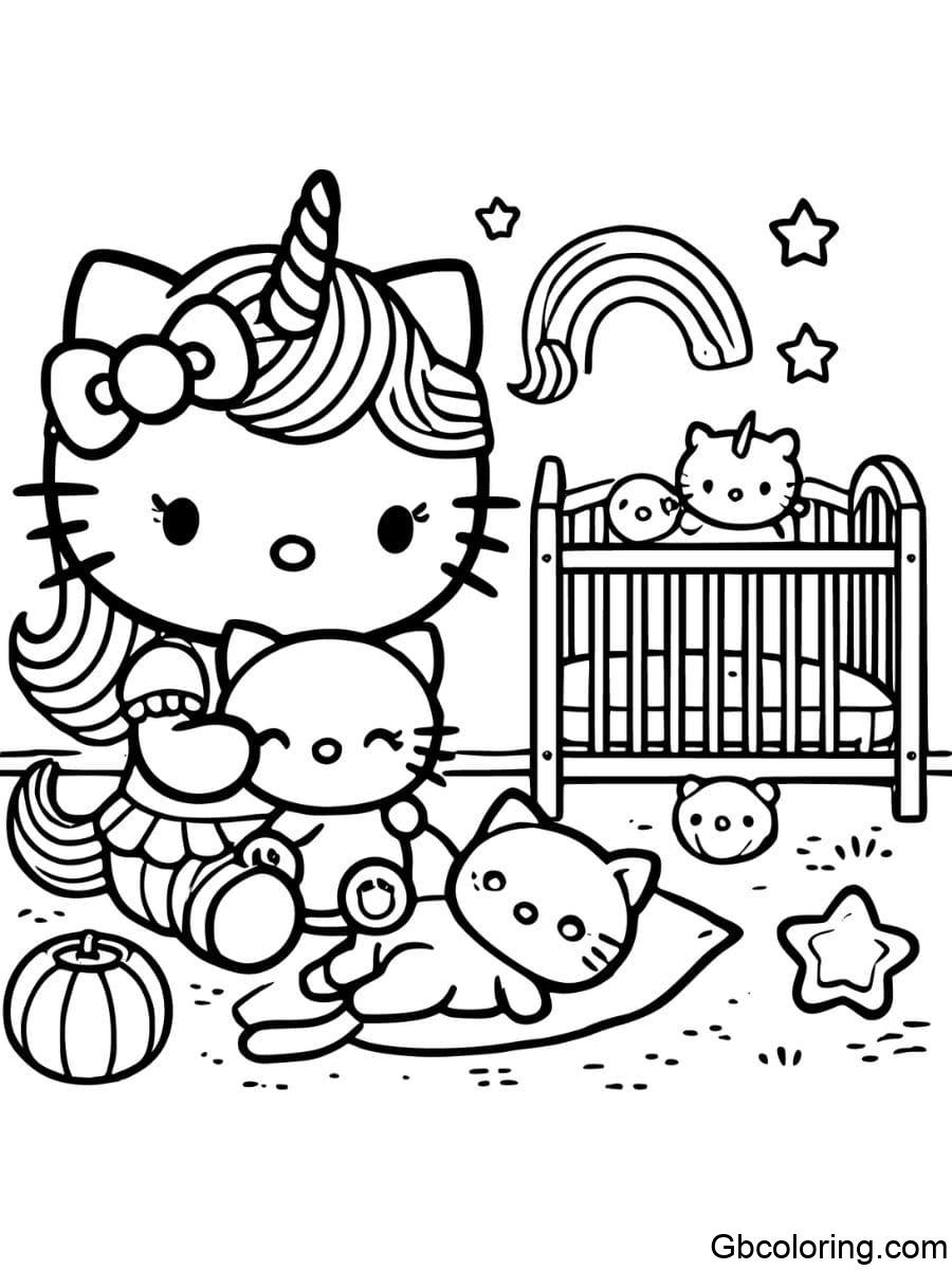 unicorn hello kitty caring for her pet coloring pages