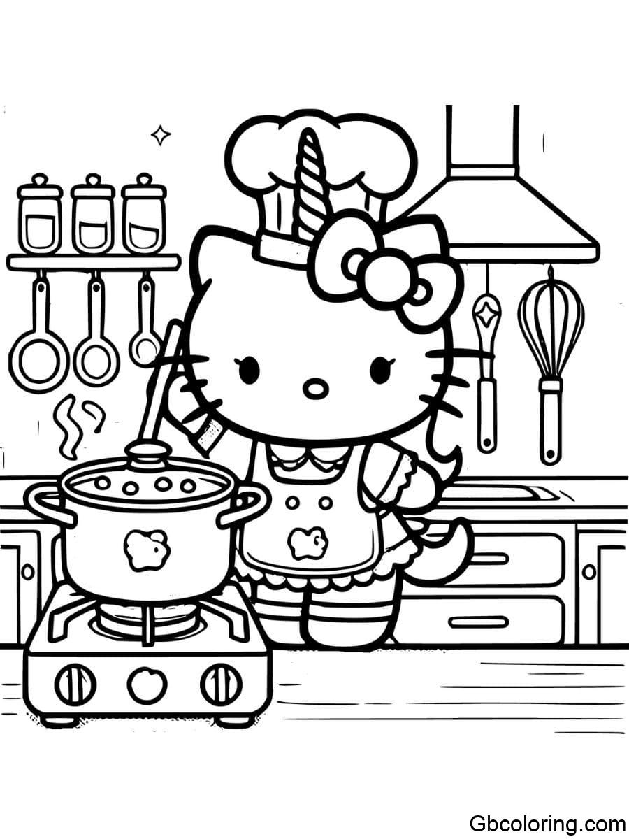 unicorn hello kitty cooking in the kitchen coloring pages