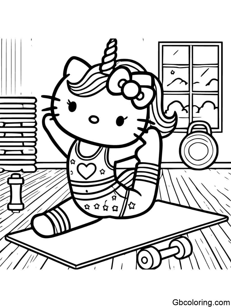 unicorn hello kitty doing yoga or exercising coloring pages