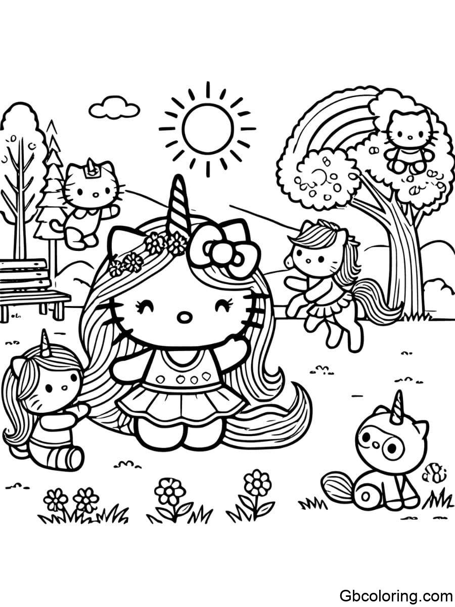 unicorn hello kitty playing with friends in the park coloring pages