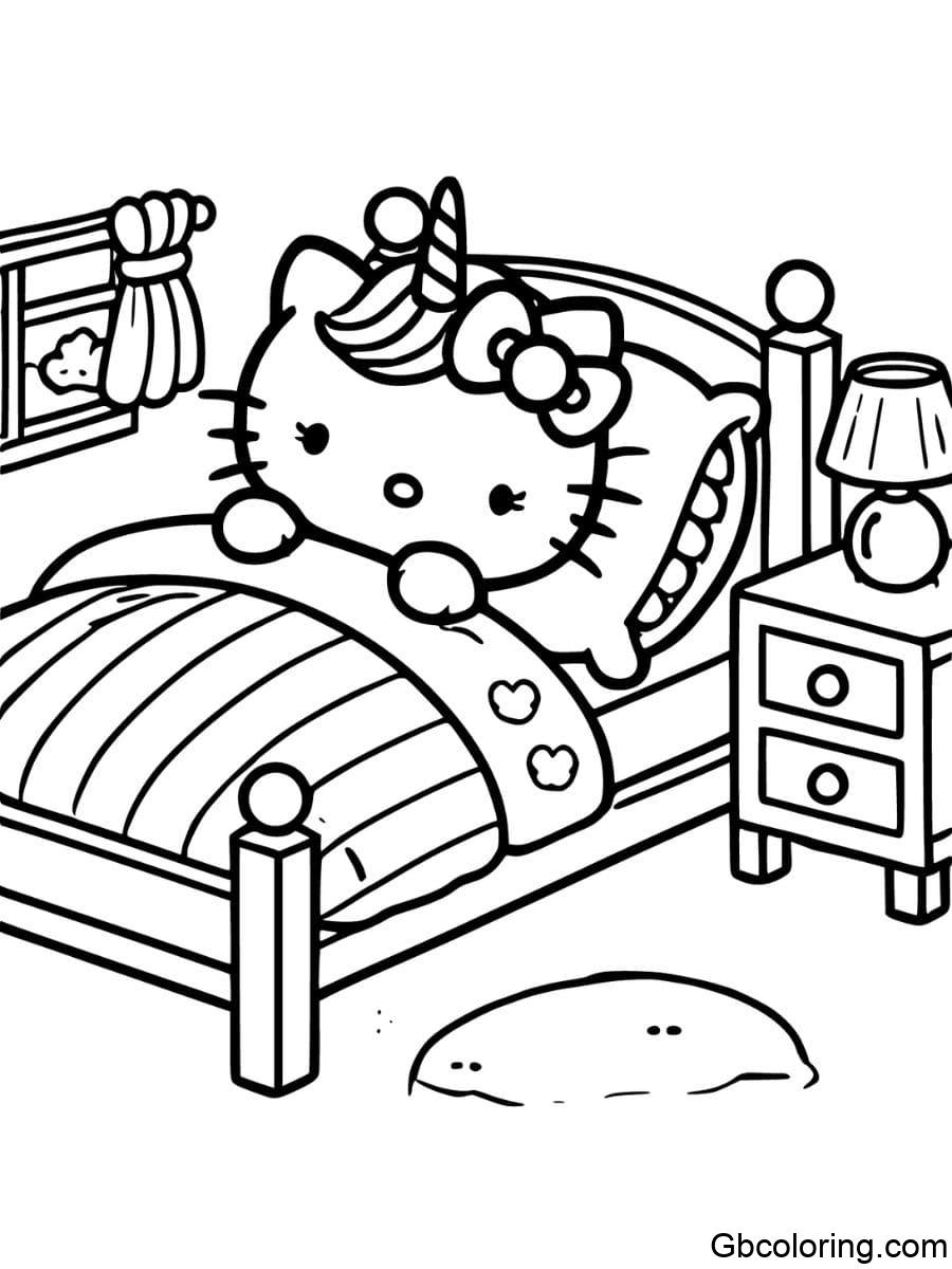 unicorn hello kitty sleeping or resting on a bed coloring pages