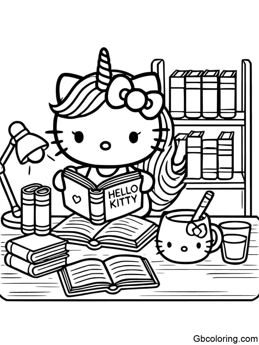 unicorn hello kitty studying and reading books coloring pages