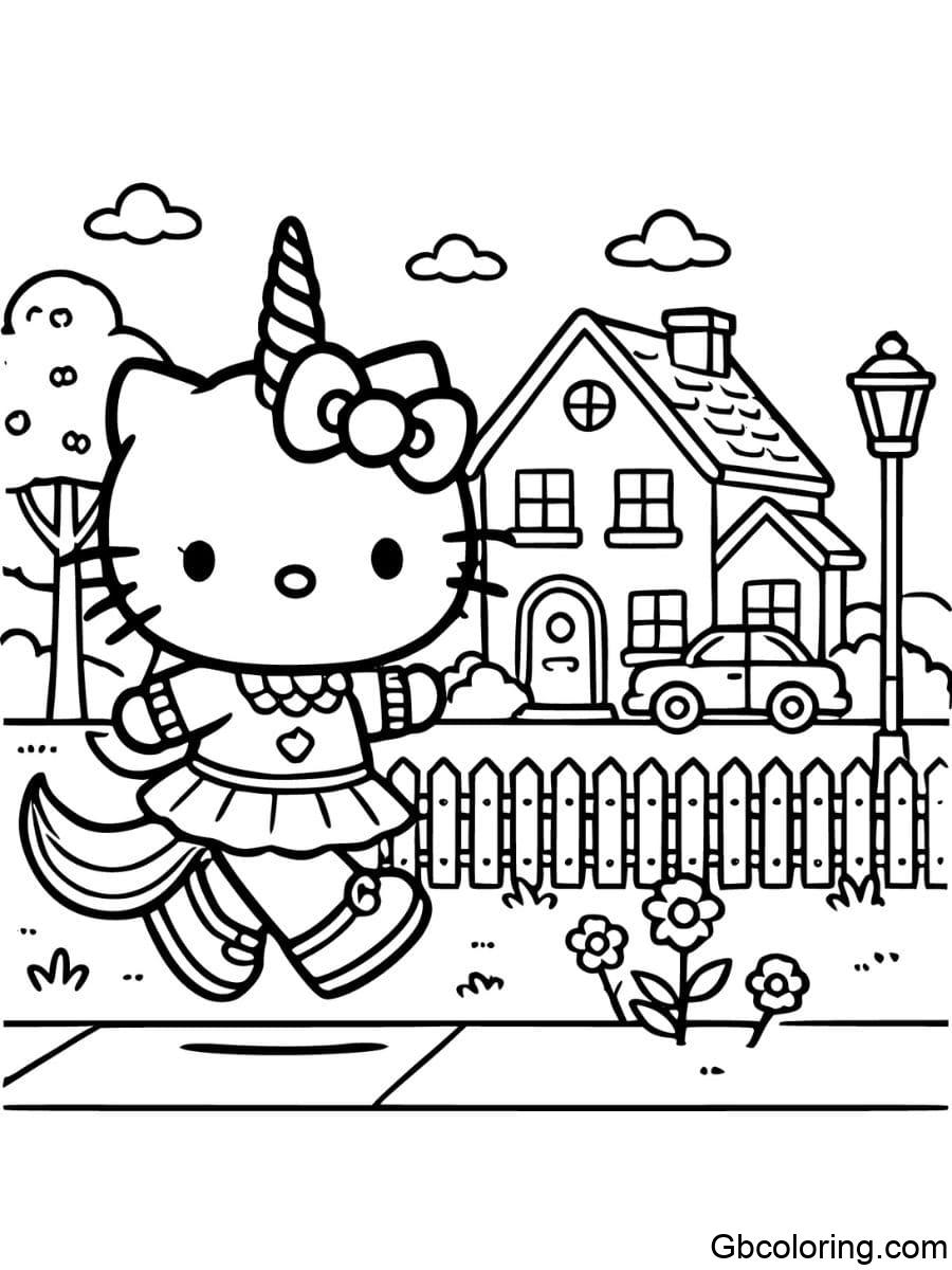 unicorn hello kitty taking a walk in the neighborhood coloring pages