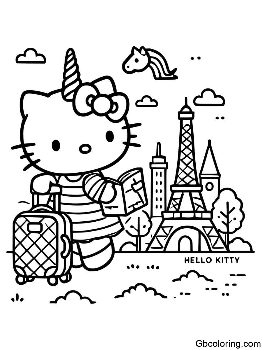 unicorn hello kitty traveling and exploring a new place coloring pages