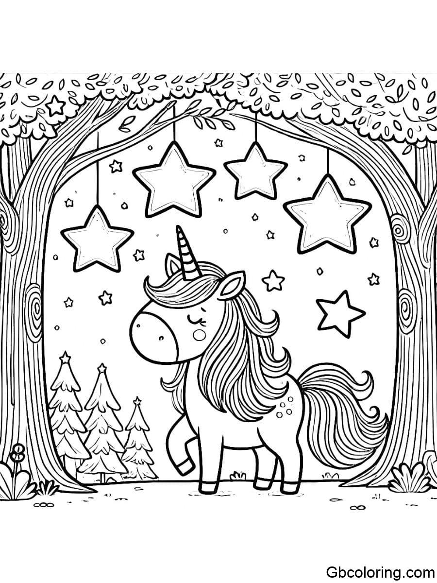 unicorn with stars in a magical forest with large stars coloring pages