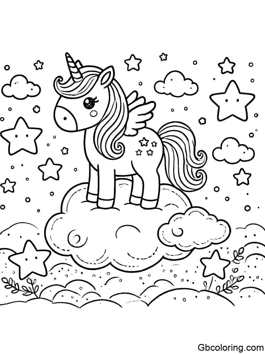 unicorn with stars on clouds with large stars coloring pages