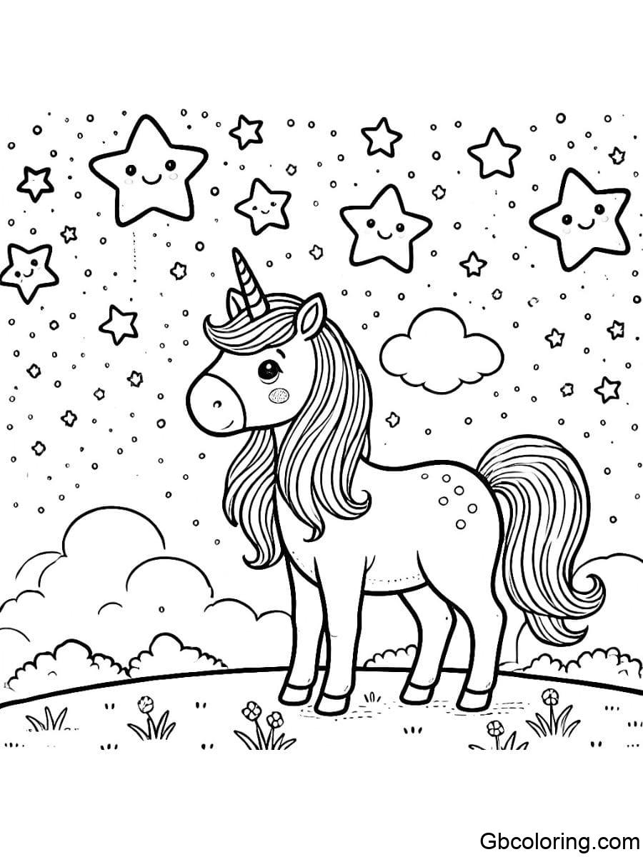 unicorn with stars under a starry night sky coloring pages